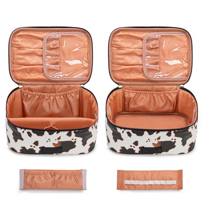 Montana West X Wrangler Travel Makeup Bag 2pcs Set Large Cosmetic Bag with Makeup Brush Holder Portable Make Up Organizer Cute Toiletry Bag with Divider and Handle for Women - color: Cow-Brown