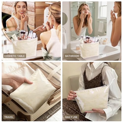 WLLWOO PVC Waterproof Makeup Bag Kraft Paper Cosmetic Bag Travel Toiletry Zipper Pouch Organizer for Women Purse - color: PVC-Off White