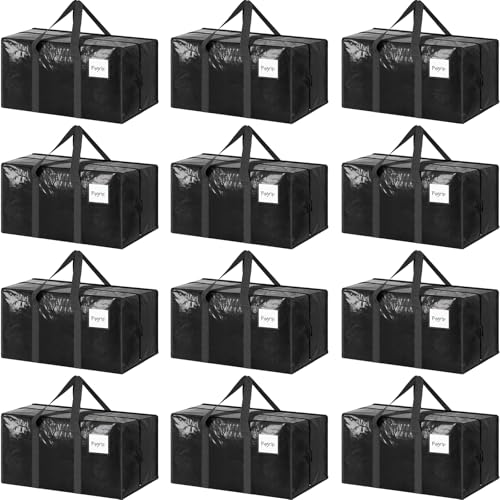 12 Pack Extra Heavy Duty Large Moving Bags with Strong Zipper & Comfortable Handles, Sturdy & Durable Clothes Storage Bags Totes Bins, Packing Moving Boxes for College Supplies, Black - color: Black, size: 12 Pack