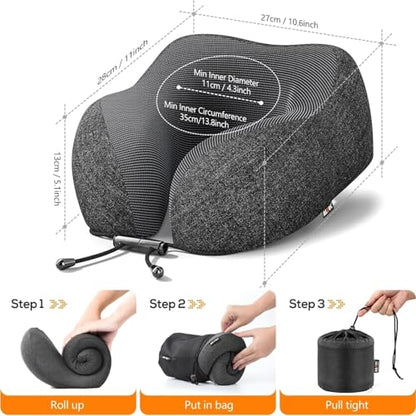 Ergonomic Travel Pillow with Memory Foam Core, Washable Cover & Kit for Airplane and Car