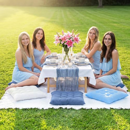 Extra Large Outdoor Picnic Blanket with Table Runner and Floor Pillow Cushion for Picnic Wedding Birthday Baby Shower Backyard(91 x 71'',Blue,White,6-Person) - color: Blue,white