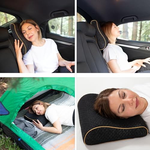alkamto Travel & Camping Comfortable Memory Foam Pillow – Easy to Carry Portable Bag – Temperature Regulating Pillow Case (Black Contour) - size: Black Contour Travel