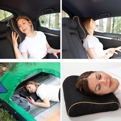 alkamto Travel & Camping Comfortable Memory Foam Pillow – Easy to Carry Portable Bag – Temperature Regulating Pillow Case (Black Contour) - size: Black Contour Travel
