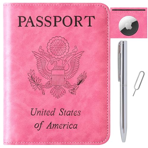 Airtag Passport Holder for Travel Essentials Wallet Rfid Blocking Cover Leather Case Vacation Travel Accessories for Women Men (601#Pink) - color: 601#Pink, style: For Airtag