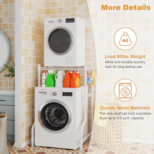 ULIFHOME U16 Upgraded Washer Dryer Stacking Rack for Narrow Laundry Room and Bathroom, Metal Over Washer and Dryer Storage Shelves for Saving Space, 29.5" W x 23.6" D x 53.1" H, White - color: White