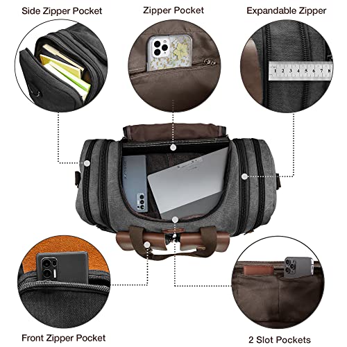 Wildroad 50L Travel Duffel Bag, Expandable Canvas Genuine Leather Duffle Bag Upgraded Overnight Weekender Carry on Bag - color: Black, size: Large-50L Duffle Bag