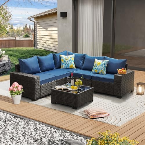 JOYURE 6 Pieces Patio Furniture Set All-Weather Outdoor Wicker Sectional Conversation Sofa Rattan Patio Seating Sofa with Cushion and Glass Table for Porch Poolside,Navy - color: Navy, size: 6 pieces set