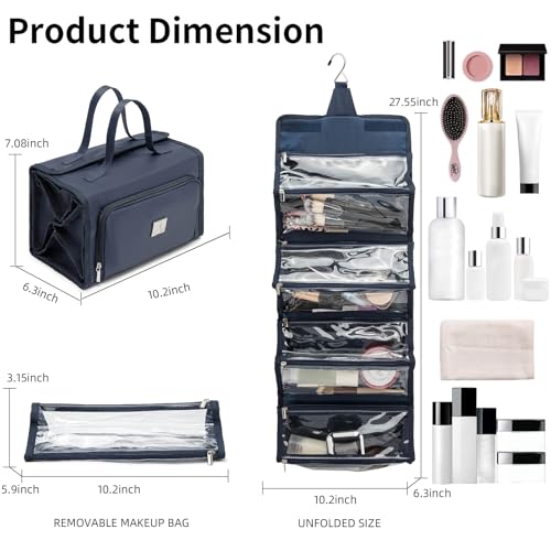 ROYALFAIR Roll Up Makeup Bag, Travel Toiletry Bag for Women with 4 Clear TSA Approved Pouches, Hanging Travel Organizer, Folding Cosmetic Bag for Men and Women (navy blue) - color: navy blue