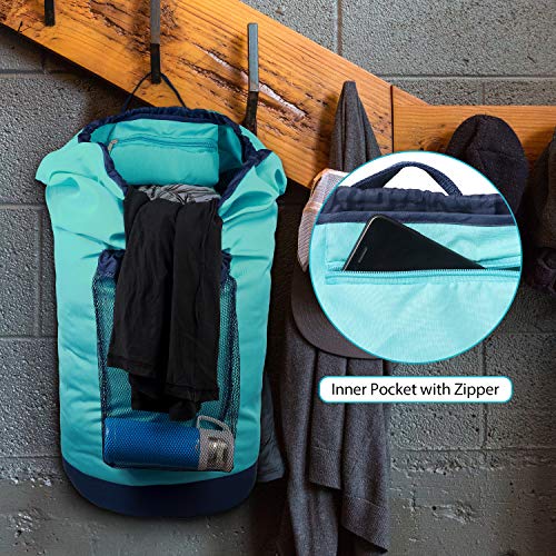 Dalykate Laundry Backpack with Shoulder Straps and Mesh Pocket Durable Nylon Clothes Hamper Bag with Drawstring Closure for College, Travel, Laundromat, Apartment - color: Blue