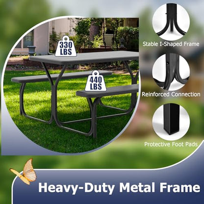 GYMAX Picnic Table, Picnic Bench Easy to Assemble w/All Weather Wood Grain Tabletop & Metal Frame, Picnic Tables for Outdoors Camping Backyard Deck Patio Poolside Dining Party - color: Black