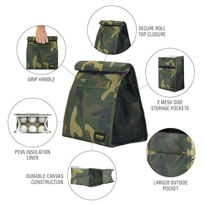 2nd Childhood Rolltop Lunch Bag for Work or School – Compact, Foldable & Low Profile Design – Insulated Reusable Bag with Handle – Slim, Durable & Stylish - 3.5L (Camo) - color: Camo