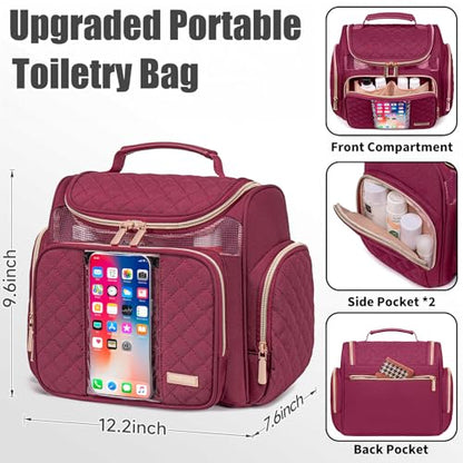 Large Toiletry Bag for Women Men,Bathroom Bag,Water Resistant Shower Bag,Makeup Bag,Toiletry Bags for Traveling,Hanging Toiletry Bag with Transparent Waterproof Phone Pocket (Wine Red) - color: Wine Red