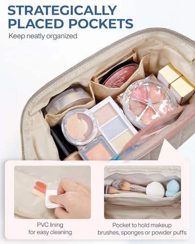 BAGSMART Makeup Bag Travel Toiletry Bag, Puffy Padded Make Up Bags for Women Makeup Organizer Case, Wide-open Pouch Purse Travel Essentials Toiletries Accessories Brushes, Camel - color: 09-Greige