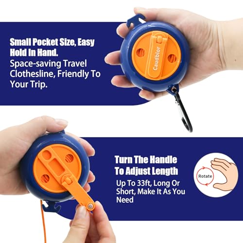 Portable Travel Clothesline Cord, Caudblor Adjustable 33ft Camping Clothes line, Laundry Drying Rope for Hotel Trip, Cruise, Outdoor/Indoor, with 12Pcs Stoppers, Windproof Clothespins - style: Blue Yellow