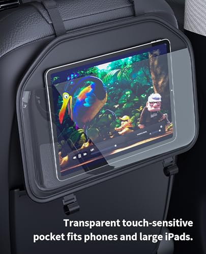 Car Tablet Holder, Backseat Headrest Mount for iPad, Adjustable Seat Organizer with Touch Screen Pocket & Storage Hooks, Fits 7-11 Inch Tablets, Kids Travel Accessory