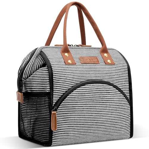 LOKASS Lunch Bag Insulated Lunch Box Wide-Open Lunch Tote Bag Large Drinks Holder Durable Canvas Thermal Snack Organizer for Women Men Adults Work Picnic Hiking Beach Fishing,Stripes - color: Classic Stripe