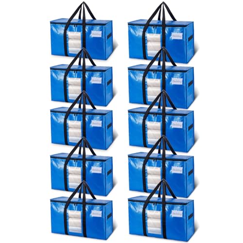 TAILI Extra Large Moving Bags, 10 Pack Blue Heavy Duty Totes For Storage with Visible Window, Wrap Around Handles, Storage Bags for Space Saving, Alternative to Moving Boxes - color: Blue, size: 10 Large