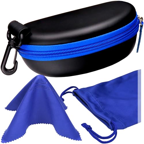 MyEyeglassCase Sports Sunglasses Case and Slim wallet Semi hard large glasses case w/belt clip soft pouch & cloth - color: B15hc Black/Blue