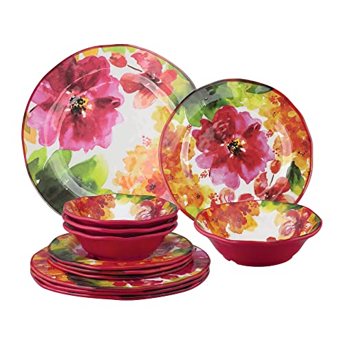 UPware 12 Piece Pink Floral Melamine Dinnerware Sets, Outdoor Dishes Set, Plates and Bowls Sets, Service for 4, Multicolor - color: Pink Floral