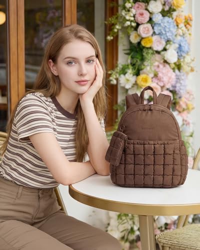 BAGSMART Mini Backpacks for Women, Puffy Checkered Quilted Small Backpack with Pouch, Lightweight Daypack Purse, Water-Resistant Bookbag for Daily Travel College, 2-in-1 Set, Coffee Brown - color: Coffee Brown