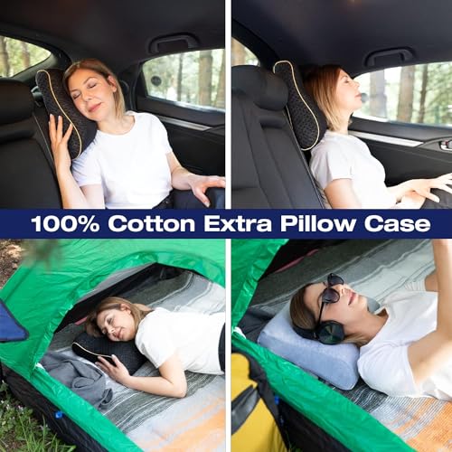 alkamto Travel & Camping Comfortable Memory Foam Pillow – Easy to Carry Portable Bag – Temperature Regulating Pillow Case (Black Contour + Extra Cover) - size: Black Contour Travel + Extra Cover
