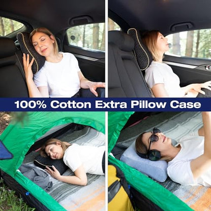 alkamto Travel & Camping Comfortable Memory Foam Pillow – Easy to Carry Portable Bag – Temperature Regulating Pillow Case (Black Contour + Extra Cover) - size: Black Contour Travel + Extra Cover