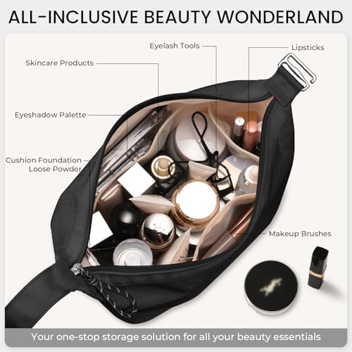HauteHues Travel Makeup Bag for Women Large Capacity Cosmetic Handheld Portable Organizer Large Opening Waterproof Storage Toiletry Bags Black - color: Black