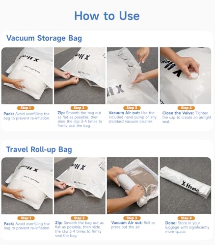 24 Pack Vacuum Storage Bags, Space Saver Vacuum Seal Bags for Clothing, Bedding, Blankets, Comforters,Travel Luggage, Vacuum Compression Bags with Hand Pump (8 Jumbo+4L+4M+4S+4 Roll-up Bags)