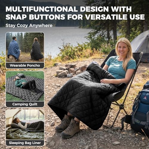 ATEPA Wearable Sleeping Bag Blanket Poncho, Recycled Water-Resistant Camping Poncho, Stadium Blanket for Outdoor Sports - color: Aero Camping Blanket Black