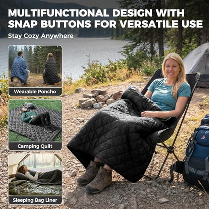 ATEPA Wearable Sleeping Bag Blanket Poncho, Recycled Water-Resistant Camping Poncho, Stadium Blanket for Outdoor Sports - color: Aero Camping Blanket Black