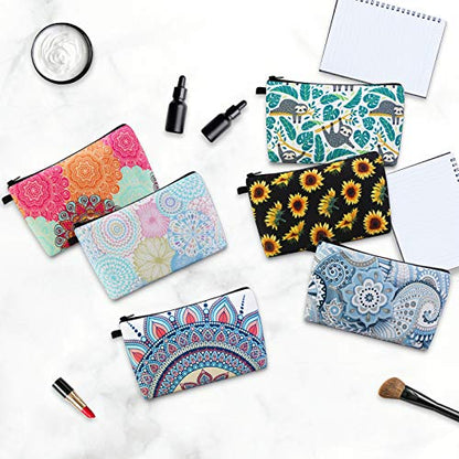 MAGEFY Makeup Bag 6 Styles Portable Travel Cosmetic Bag for Women Flower Patterns Zipper Pouch Sloth Gifts Makeup Pouch with Black Zipper (6 packs) - color: 6 packs