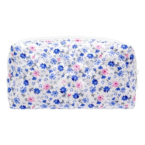 PAZIMIIK Vintage Quilted Makeup Bag Cosmetic Pouch for Brushes Pencils and Travel Make Up Accessories for Women and Girls Flower Blue - color: Flower Blue, size: 1PCS