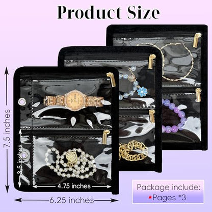 Travel Jewelry Organizer Case,Jewelry Bags for Traveling, Jewelry Binder with 24 Pcs Clear Zipper Velvet Pouches (Inner Pages, 3 PCS) - color: Inner Pages,Black,3 PCS