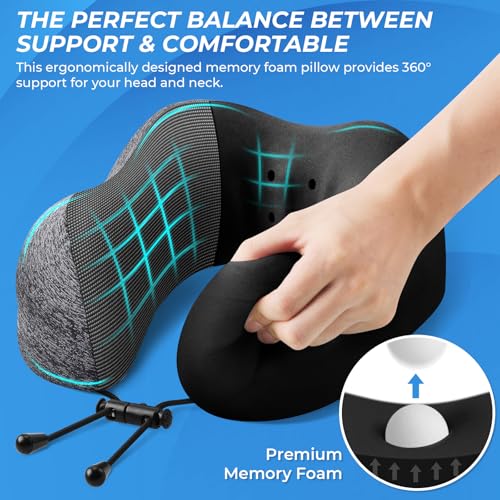 ExploreBliss Travel Pillow, 2 Pack Travel Pillows for Sleeping Airplane, Removable Cover Neck Pillow with Adjustable Clasp, Memory Foam Neck Pillow Set (Dark Grey*2) - color: Dark Grey*2