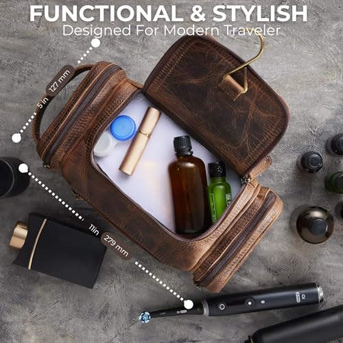 NomadCraftsCo. Medium Sized Hanging Leather Toiletry Bag for Men Women - Premium Men's Travel Bag, Dopp Kit, Leather Pouch, Mens Toiletry Bag for Travel - size: Medium