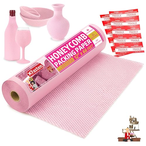 Pink Honeycomb Packing Paper for Moving 12-Inch x 66-Feet Bubble Honeycomb Wrap, Honeycomb Wrapping Paper for Packing Cushion with 20 Fragile Stickers Packing Supplies by XFasten - color: Pink, size: 12-Inch x 66-Feet