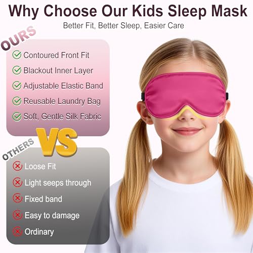 Kids Sleep Mask, Kids Eye Mask for Boys Girls, Kid Silk Eye Masks with Adjustable Strap for Sleeping, 100% Light-Blocking Sleep Eye Cover, Includes Protective Laundry Bag (Rose red) - color: Rose Red
