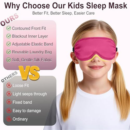Kids Sleep Mask, Kids Eye Mask for Boys Girls, Kid Silk Eye Masks with Adjustable Strap for Sleeping, 100% Light-Blocking Sleep Eye Cover, Includes Protective Laundry Bag (Rose red) - color: Rose Red