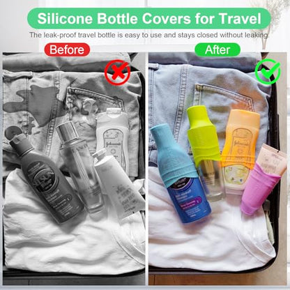 8 Pcs Silicone Bottle Covers for Travel, Leak-Proof Elastic Sleeves for Shampoo & Toiletries, Multi-Size Fit for Standard & Travel Size Bottles, Cruise & Airplane Essentials for Women & Men