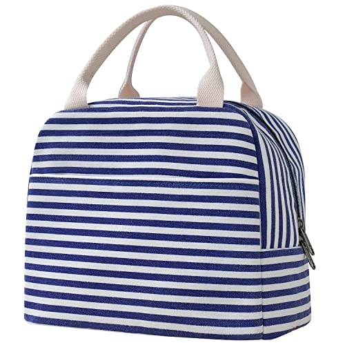 EurCross Blue and White Stripes Lunch Bag Women,Cooler Tote Bag Insulated Lunch Bento Box Bag, Canvas Portable Tote Thermal Bag for Adult Women and Men for Work - color: Blue Stripes