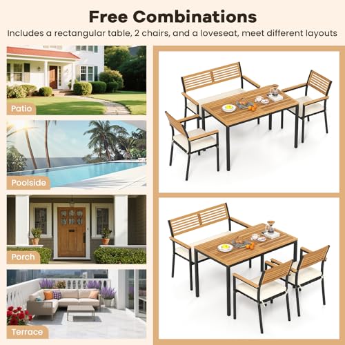 HAPPYGRILL 4-Piece Patio Dining Set, Outdoor Acacia Wood Metal Furniture with Rectangular Table, 2 Armchairs, 1 Loveseat, Removable Cushions, Umbrella Hole, for Poolside Backyard Garden