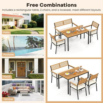 HAPPYGRILL 4-Piece Patio Dining Set, Outdoor Acacia Wood Metal Furniture with Rectangular Table, 2 Armchairs, 1 Loveseat, Removable Cushions, Umbrella Hole, for Poolside Backyard Garden