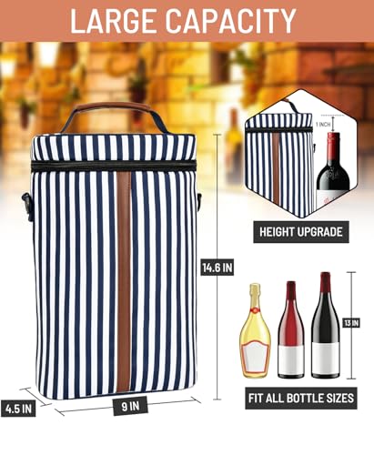 Insulated Wine Bag - Wine Bottle Carrier Tote Cooler Bags for Gifts Travel Picnic Beach, Blue and White Stripes - 2 Bottle - color: Blue and White Stripes, size: 2 Bottles