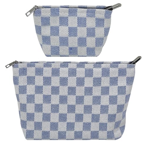 Gingham Canvas Makeup Bag Set Preppy Travel Makeup Pouch for Purse | Premium Thick Canvas Material, Timeless Blue White Checkered, Soft Lining, Daily Use and Gifts - style: Checkered Blue Canvas