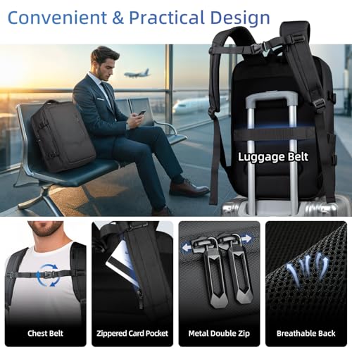 Travel Backpack for Men Women, 28L Airline Approved Carry On Backpack, 17 inch Water Resistant Business Laptop Backpack, Personal Item Luggage Bag for Weekender Hiking, Black