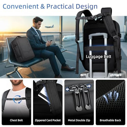 Travel Backpack for Men Women, 28L Airline Approved Carry On Backpack, 17 inch Water Resistant Business Laptop Backpack, Personal Item Luggage Bag for Weekender Hiking, Black