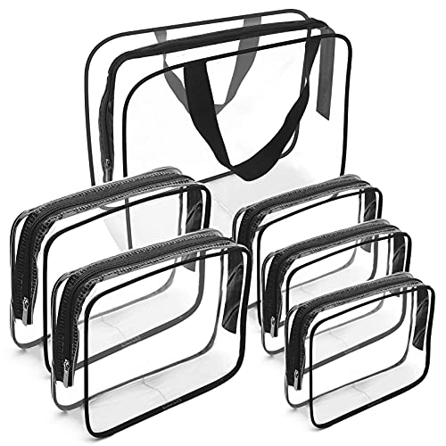 APREUTY Clear Makeup Bags, TSA Approved 6 Pcs Cosmetic Makeup Bags Set Clear PVC with Zipper Handle Portable Travel Luggage Pouch Airport Airline Vacation Organization (Black) - color: Black-6PCS (Large+Medium+Small)