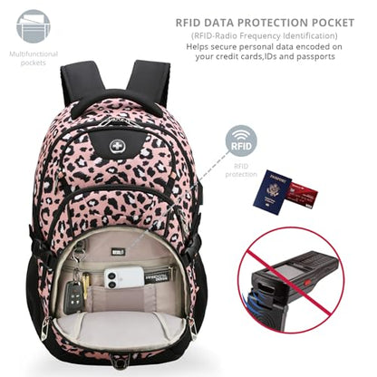 Swissdigital Laptop Backpack with USB Charging Port, Travel Backpack Fits 15.6 inches Computer, 31L Backpack for Women, Pink Leopard | SD803-102 - color: Pink Leopard
