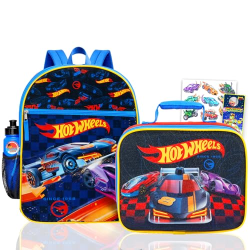 Hot Wheels Backpack with Lunchbox for Boys Set - Bundle with 16" Racecar Backpack, Lunch Box, Water Bottle, Tattoos, More | Hot Wheels School Bag for Kids