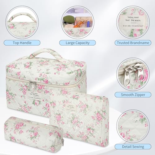 senbowe Floral Makeup Bag, 3 Pack Large Cotton Quilted Makeup Bag Set, Cute Floral Coquette Aesthetic Toiletry Bag Make Up Cosmetic Bag for Women, Toiletry Travel Make Up Organizer Bag - color: Pink-White Flower